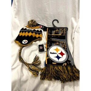 Pittsburgh Steelers Youth Black Jacquard Tassel Knit Hat with Pom and Scarf